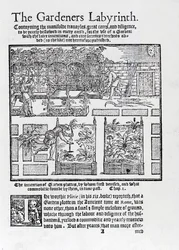 Laube als Sonnenschutz und Pflanzung in Hochbeeten, aus The Gardeners Labyrinth, 1577