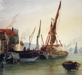 Ansicht von Booten, die am Flussufer der Themse in Bankside, Southwark, London, festgemacht sind