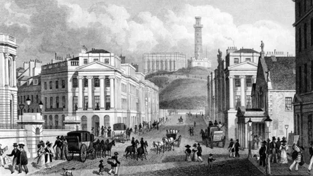 Waterloo Place, das National Monument und das Nelson Monument sowie Calton Hill, Edinburgh, gestochen von Thomas Barber, 1829