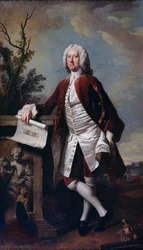Porträt von Theodore Jacobsen, Architekt des Foundling Hospital, mit einer Zeichnung der Westfront, ca. 1742