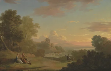 Eine imaginäre Landschaft mit einem Reisenden und Figuren, die auf die Bucht von Baiae blicken