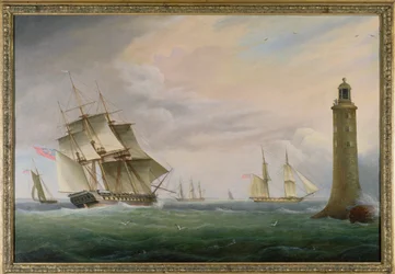 Eine Fregatte und eine Marinebrigade passieren den Eddystone-Leuchtturm