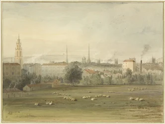 Nahe Stokes Croft mit Blick auf die Skyline von Bristol (Ort des Ballonaufstiegs von Sadler und Clayfield im Jahr 1810)
