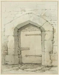 Altes Tor und Tür in der Tower Lane gegenüber der Sakristei der St John