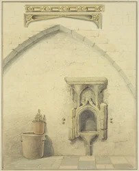 Piscina, Fries und Zwickel im Hof der Temple Street 131