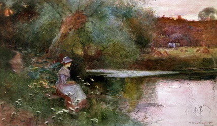 In Hampton Lucy, Warwickshire. Ein junges Mädchen sitzt am Ufer eines Sees auf dem Land. Gemälde von Thomas Mackay (1851-1920) Privatsammlung