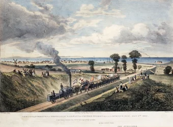 Ansicht der Canterbury und Whitstable Railway von der Church Street, aufgenommen am Eröffnungstag, 3. Mai 1830, ca. 1830