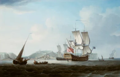 Ein Zweidecker und andere Schiffe vor Dover