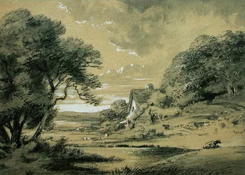 Landschaft mit einem Cottage an einem Fluss