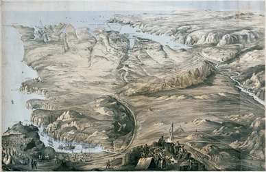 Panoramablick auf die Verschanzung der alliierten Armeen von England und Frankreich vor Sebastopol (Lithographie, getönt)