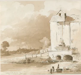 Tutbury Castle: Ferne Ansicht vom Fluss Dove: Bleistift- und Tuschzeichnung, 1836