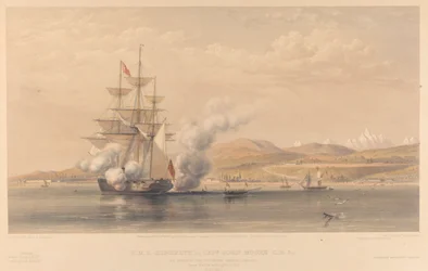 H.M.S. Highflyer Kapitän John Moore C.B. &c. vor Anker vor Soukoum Kaleh-Abasia, Omar Pascha verlässt das Schiff, Oktober 1855