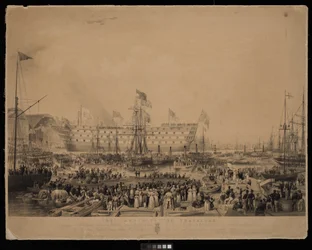Der Stapellauf der Trafalgar, in Anwesenheit Ihrer Majestät Königin Victoria und Seiner Königlichen Hoheit Prinz Albert, in der H.M. Werft, Woolwich