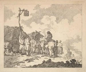 Ein Jahrmarkt - Eine Gruppe von Zigeunern - Männer und Frauen in rustikaler Kleidung vor zwei provisorischen Zelten, 1786