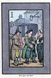 Kutscher von Hackney beschwert sich über kleine Trinkgelder (1819). Holzstich, basierend auf einem Gemälde von Thomas Rowlandson, veröffentlicht in The Cris of London