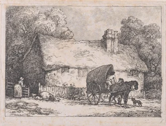Hütte mit Wagen und Schweinen
