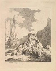 Fischer am Ufer - Küstenszene mit einem Mann, der auf dem Boden sitzt und einen Ellbogen aufstützt..., 1786