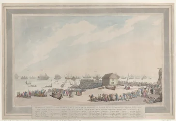 Ruhmreiche Niederlage der niederländischen Marine, 10. Oktober 1797, durch Admirale Lord Duncan und Sir Richard Onslow mit einer vor Ort gezeichneten Ansicht der sechs erbeuteten niederländischen Linienschiffe, die nach Yarmouth gebracht wurden