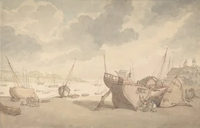 Hafenszene bei Ebbe mit gestrandeten Booten, 1775-1827