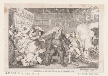 Gastgeberin entleert eine Pfanne Blut ins Gesicht von Pfarrer Andrews, aus The Adventures of..., 1792