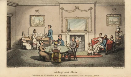 Johnny umwirbt Maria in einem Salon, während andere Karten spielen und Lieder vor dem Kamin singen. Handkolorierte Kupferstichgravur von W. Read nach einer Illustration von Thomas Rowlandson aus Alfred Burtons The Adventures of Johnny Newcombe in the Navy,