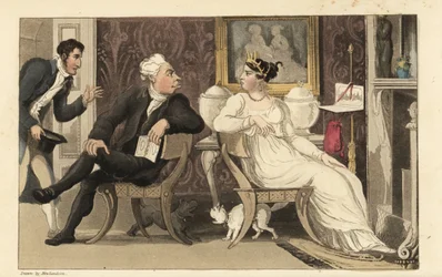 Johnny unterbricht einen Streit zwischen Gästen auf einer Party in einem Regency-Salon. Handkolorierte Kupferstichgravur von Thomas Rowlandson aus William Combes The History of Johnny Quae Genus, the Little Foundling of the late Doctor Syntax.