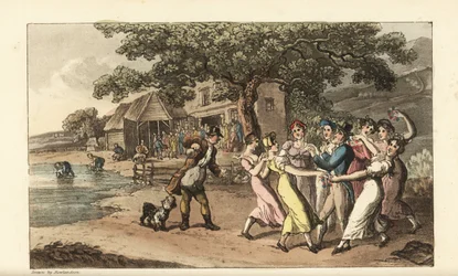 Johnny spielt seine Flöte auf einem Schafschurfest, umgeben von tanzenden Landmädchen. Schäfer scheren Schafe in einer Scheune und waschen sie in einem Teich. Handkolorierte Kupferstichgravur von Thomas Rowlandson aus William Combes The History of Johnny Q