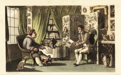 Johnny liest Sir Jeffery Gourmand in seinem Arbeitszimmer vor. Handkolorierte Kupferstichgravur von Thomas Rowlandson aus William Combes The History of Johnny Quae Genus, the Little Foundling of the late Doctor Syntax.