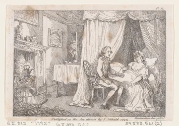 Lady Booby versucht, den makellosen Joseph zu verführen, aus Die Abenteuer von Joseph Andrew..., 1792