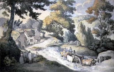 Landschaft mit Vieh, das einen Bach durchquert