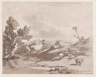 Landschaft mit einer Figur, die Vieh zum Wasser treibt