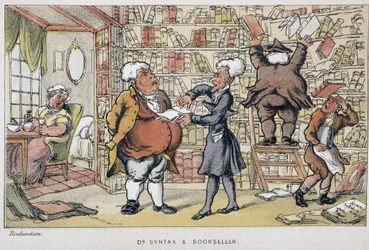 Der Doktor und ein Buchhändler (in „Die drei Reisen des Doktor Syntax: auf der Suche nach dem Malerischen, Trost und einer Frau“ von William Combe, illustriert von Rowlandson)
