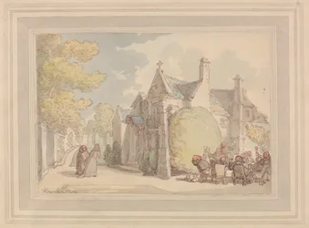 Mönche, die vor einem Kloster zechen