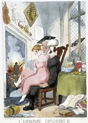 Alter Mann (geistlich) betastet eine junge Frau, die auf seinen Knien sitzt - Karikatur von Rowlandson