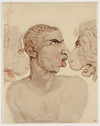 Physiognomische Studie des Kopfes eines Mannes und zweier Löwen