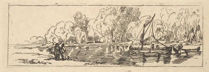 Fluss- oder Teichszene: ein Segelboot und ein Beiboot mit Figuren am nahen Ufer