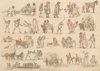 Satz von sechzehn: Umrisse von Figuren und Landschaften