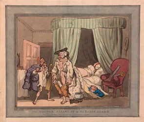 Der Arzt wird gerufen oder der falsche Alarm, veröffentlicht 1786 (handkolorierter Stich)