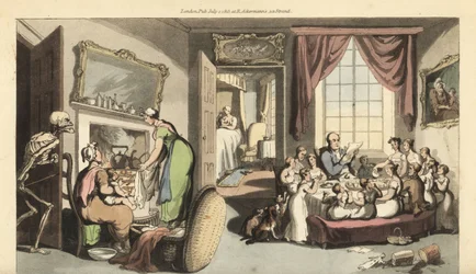 Das Skelett des Todes erscheint im Wohnzimmer einer großen Familie, um ein Kind oder Neugeborenes zu holen. Handkolorierte Kupferplatte, gezeichnet und graviert von Thomas Rowlandson aus The English Dance of Death, Ackermann, London