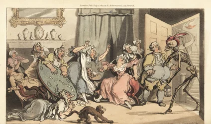 Das Skelett des Todes kommt für Miss Mustard, eine der alten Jungfern, die im Salon Karten spielen. Handkolorierte Kupferplatte, gezeichnet und graviert von Thomas Rowlandson aus The English Dance of Death, Ackermann, London