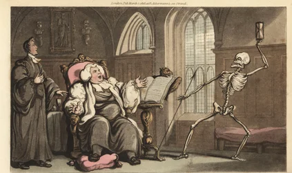 Der Tod holt den Bischof in der Abtei, während er die Bibel auf einem Lesepult liest und seinen gichtkranken Fuß auf ein Kissen legt. Handkolorierte Kupferplatte gezeichnet und graviert von Thomas Rowlandson aus The English Dance of Death, Ackermann, Londo