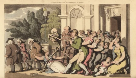 Der Skeletttod packt einen Vater am Kragen, während seine Frau und Kinder verzweifelt versuchen, ihn zu retten. Handkolorierte Kupferplatte gezeichnet und graviert von Thomas Rowlandson aus The English Dance of Death, Ackermann, London