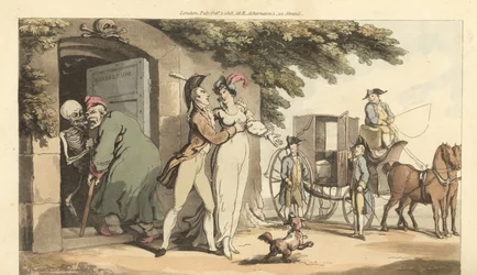 Der Skelett des Todes führt einen alten Mann in ein Mausoleum, während seine junge Witwe frei ist, wieder zu heiraten. Handkolorierte Kupferplatte gezeichnet und graviert von Thomas Rowlandson aus The English Dance of Death, Ackermann, London