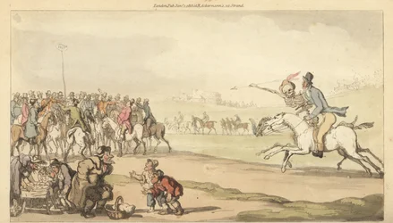 Das Skelett des Todes reitet mit einem Mann zum Wettposten auf einer Rennstrecke, während Kinder ein Lottospiel spielen. Handkolorierte Kupferplatte gezeichnet und graviert von Thomas Rowlandson aus „The English Dance of Death“, Ackermann, London