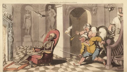 Der Skelett des Todes sitzt im Portiersessel eines großen Hauses, während die verängstigten Diener die Treppe hinunterkommen, um nachzusehen. Handkolorierte Kupferplatte gezeichnet und graviert von Thomas Rowlandson aus The English Dance of Death, Ackerman