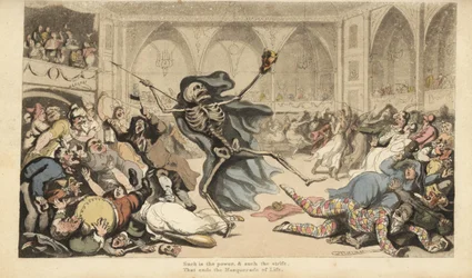Das Skelett des Todes mit seiner Lanze verursacht einen Aufruhr unter den Harlekinen, Jockeys, Nonnen, Türken und Narren auf einem Maskenball. Handkolorierte Kupferstichzeichnung und -gravur von Thomas Rowlandson