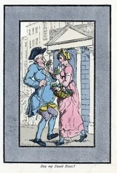Blumenverkäuferin, die einem lächelnden Herrn ein kleines Rosenbouquet anbietet (Holzstich nach einem Gemälde von Thomas Rowlandson, veröffentlicht in „The Cries of London“)