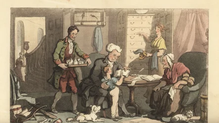 Junger Junge beim Unterricht mit einem Tutor und seiner Großmutter