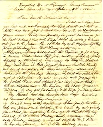 Brief unterschrieben T.S. Hawley, Hospital 11. Missouri Infanterie, Camp Fremont, Cape Girardeau, an Familie, 9. Februar 1862