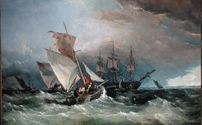Shrimp-Kutter vor dem Nore, Sheerness in der Ferne, um 1854